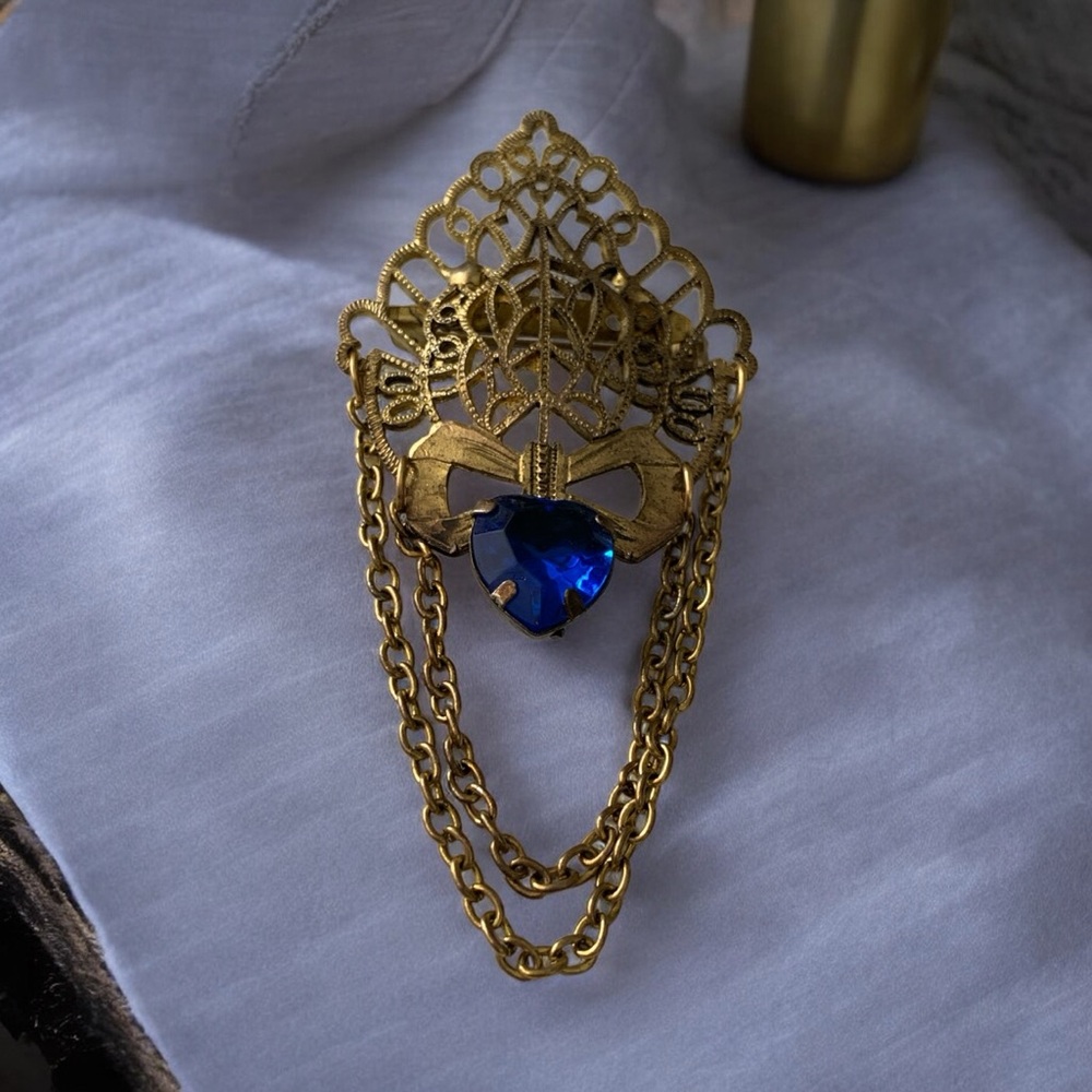 Antique Gold and Blue Filigree Brooch with Blue Glass Heart